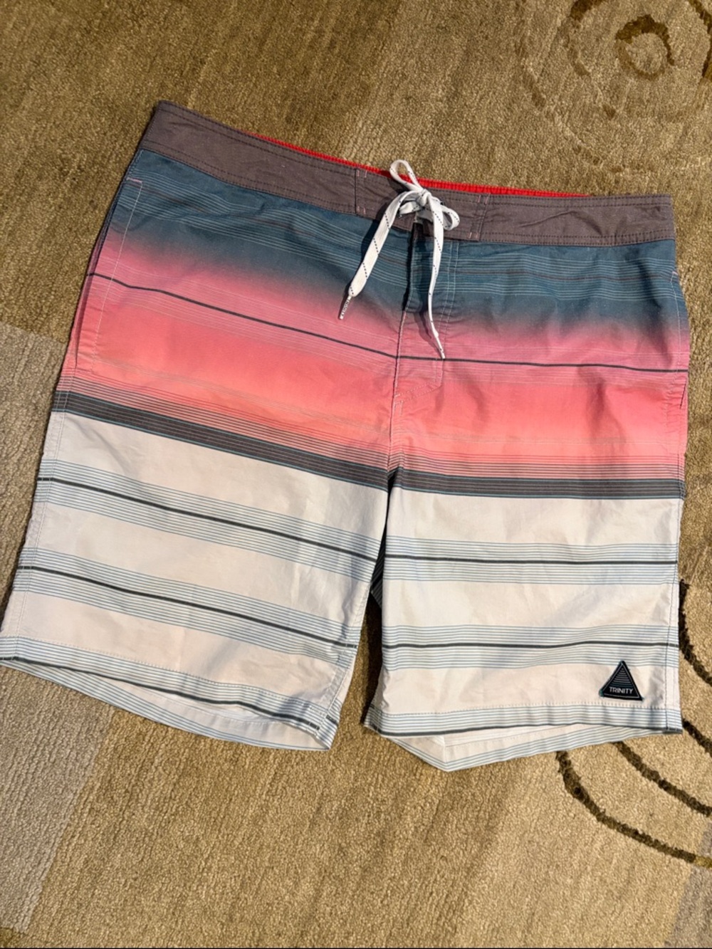 ~Trinity Boardshorts~ Men's Gradient Coral & Blue Stripe Swim Trunks